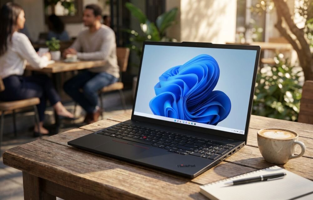 Na drewnianym stole stoi otwarty laptop z widocznym logo ThinkPad, obok znajduje się filiżanka kawy i notatnik. W tle widać rozmyte postacie siedzące przy innym stole.