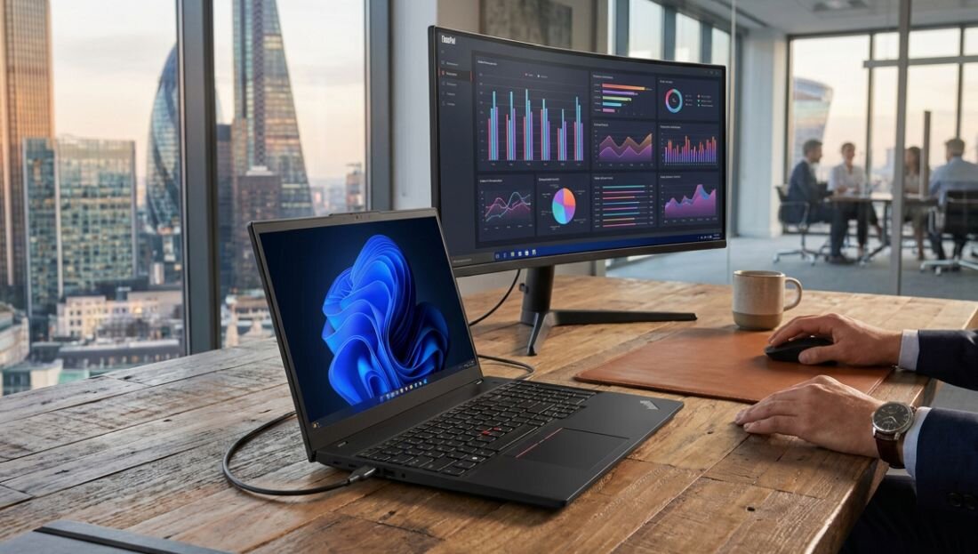 Na drewnianym biurku znajduje się otwarty laptop z widocznym ekranem, obok którego stoi duży monitor z wykresami. W tle widać przeszklone okna z widokiem na miasto oraz osoby siedzące przy stole konferencyjnym.