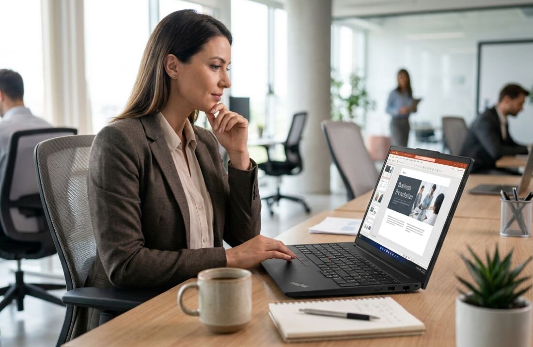 Osoba siedzi przy biurku i korzysta z laptopa, na którym wyświetlana jest prezentacja. Na biurku znajduje się kubek i roślina w doniczce.