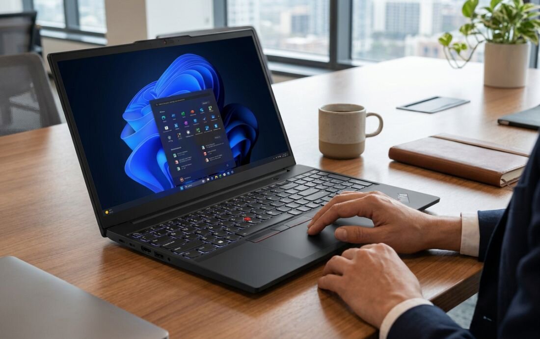 Na biurku znajduje się otwarty laptop z widocznym ekranem, na którym wyświetlany jest system Windows 11. Obok laptopa leży filiżanka, notes i długopis, a w tle widać okno z widokiem na miasto.