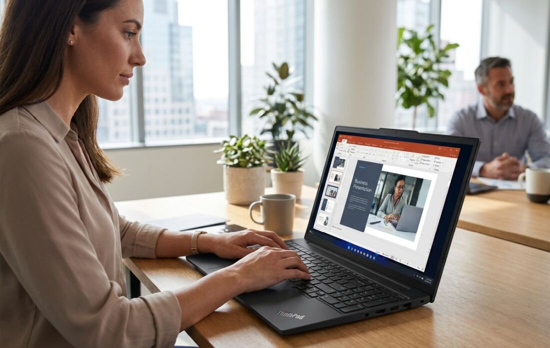 Osoba pracuje na laptopie marki ThinkPad, na ekranie widoczna jest prezentacja w programie PowerPoint. W tle znajduje się inna osoba oraz rośliny doniczkowe, a przez okno widać panoramę miasta.