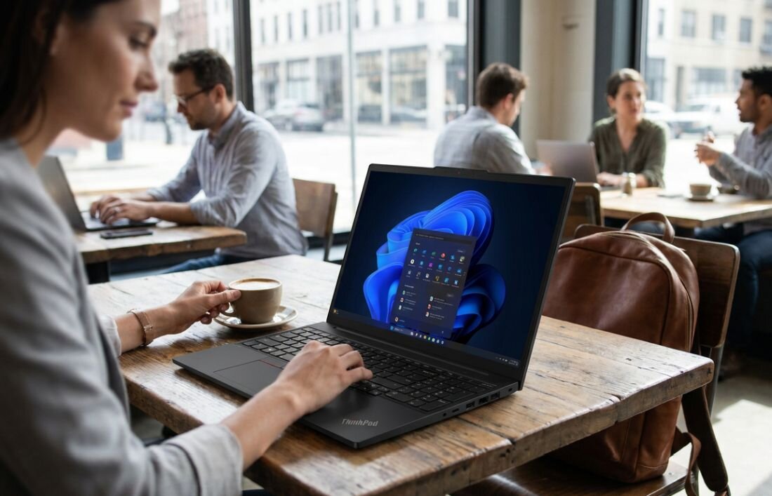 Osoba korzysta z laptopa na drewnianym stole w kawiarni, na ekranie widoczny jest system Windows 11. W tle widać inne osoby siedzące przy stolikach.