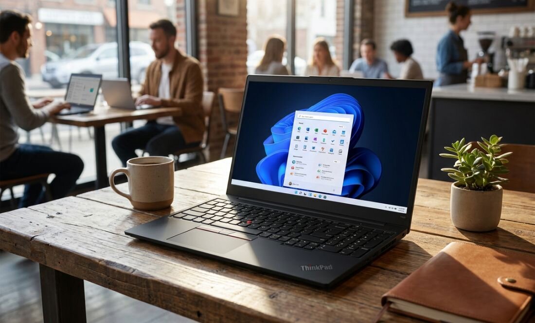Na drewnianym stole stoi laptop z widocznym ekranem, na którym wyświetlany jest pulpit systemu Windows 11. W tle widać kilka osób siedzących przy stolikach w kawiarni.
