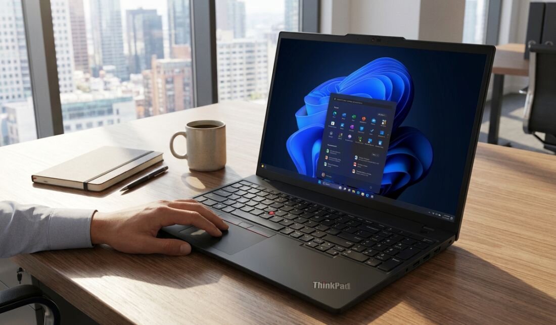 Na biurku znajduje się laptop z widocznym ekranem, na którym uruchomiony jest system Windows 11. Obok laptopa leży notatnik i stoi kubek, a na obudowie laptopa widnieje napis \'ThinkPad\'.