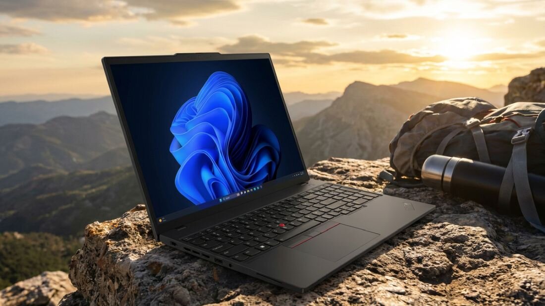 Laptop z wyświetlonym ekranem na tle górskiego krajobrazu o zachodzie słońca. Obok laptopa znajduje się plecak i termos.