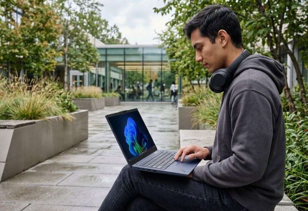 Osoba pracuje na laptopie Lenovo ThinkPad na zewnątrz budynku biurowego podczas mobilnej pracy i nauki