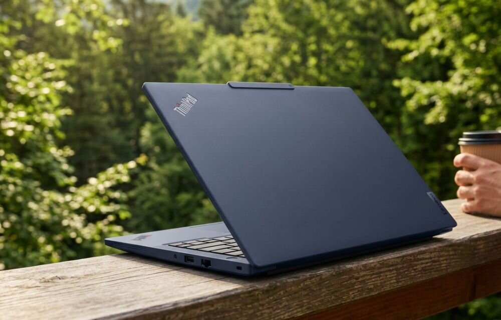 Laptop Lenovo ThinkPad z zamkniętą obudową stoi na drewnianej barierce podczas pracy mobilnej i odpoczynku na łonie natury 