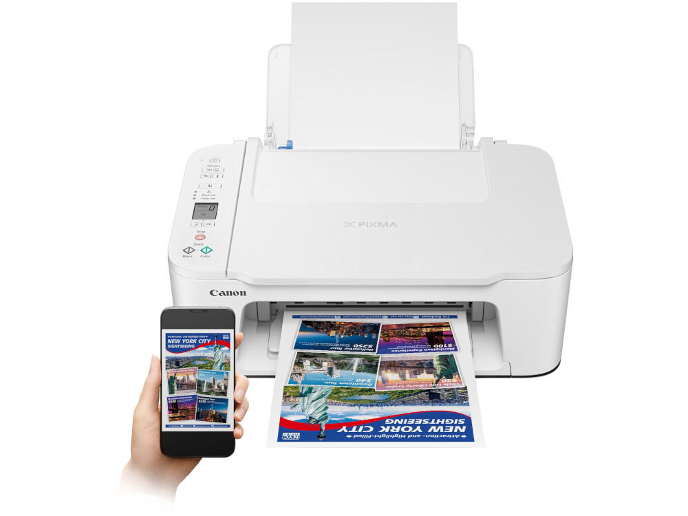 Urządzenie wielofunkcyjne CANON Pixma TS3751i Druk w kolorze, Wi-Fi  prezentacja urządzenia na białym tle od przodu ręka z telefonem kasety FINE w zestawie