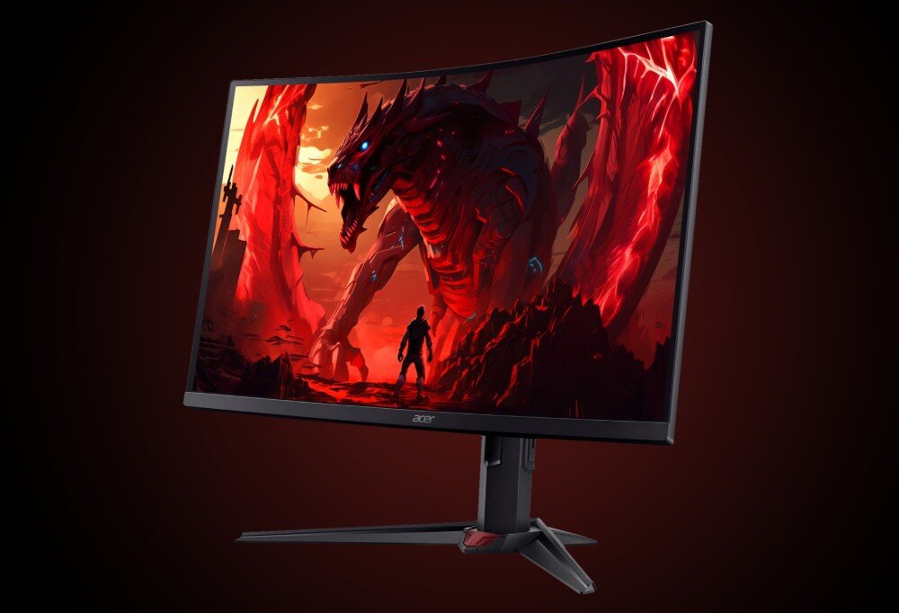 Monitor ACER Nitro XZ273U P2 Zakrzywiony monitor gamingowy na czarnym tle. Na ekranie wyświetlona grafika przedstawiająca czerwonego smoka i postać stojącą przed nim w mrocznym krajobrazie, opis
