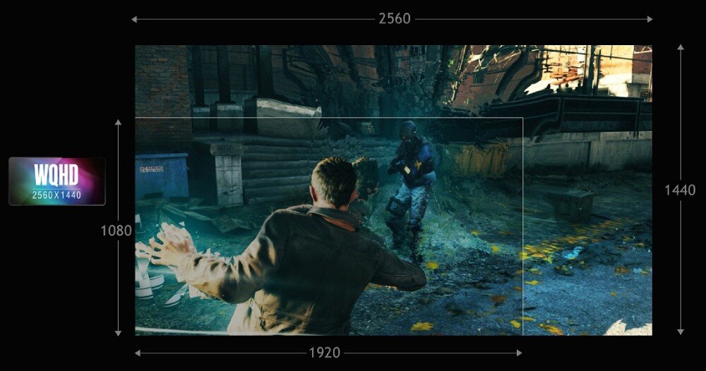 Monitor ACER Nitro XZ273U P2 Porównanie rozdzielczości WQHD 2560x1440 i Full HD 1920x1080 na tle sceny z gry. Na obrazku zaznaczone są wymiary obu formatów, pokazujące większy obszar widoczny w wyższej rozdzielczości, przekątna, rozdzielczość