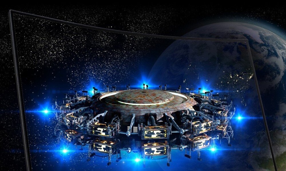 Monitor ACER Nitro XZ273U P2 Zakrzywiony ekran monitora wyświetlający scenę z kosmiczną stacją otoczoną niebieskim światłem, na tle gwiazd i widocznej w oddali Ziemi, zakrzywienie ekranu