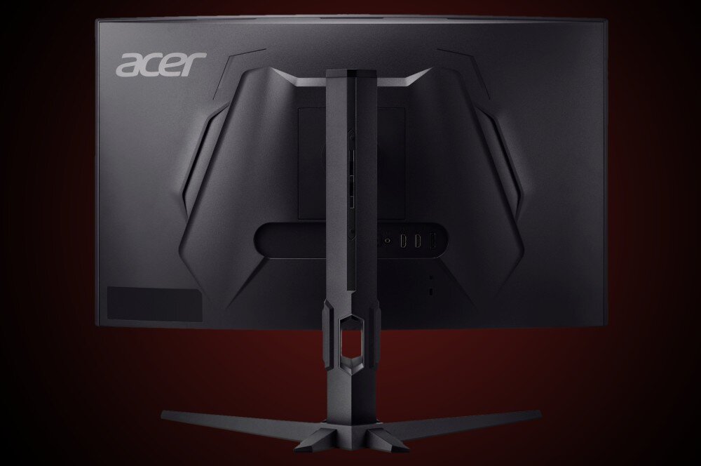 Monitor ACER Nitro XZ273U P2 Widok monitora gamingowego od tyłu. Obudowa ma futurystyczny design z wyrazistymi krawędziami. Widoczne są porty i logo producenta, porty, podłączenie