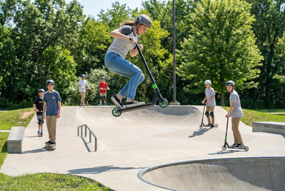 Osoba wykonuje skok na czarno-zielonej hulajnodze wyczynowej na skateparku. W tle widać kilka innych osób na hulajnogach i deskorolkach oraz drzewa.