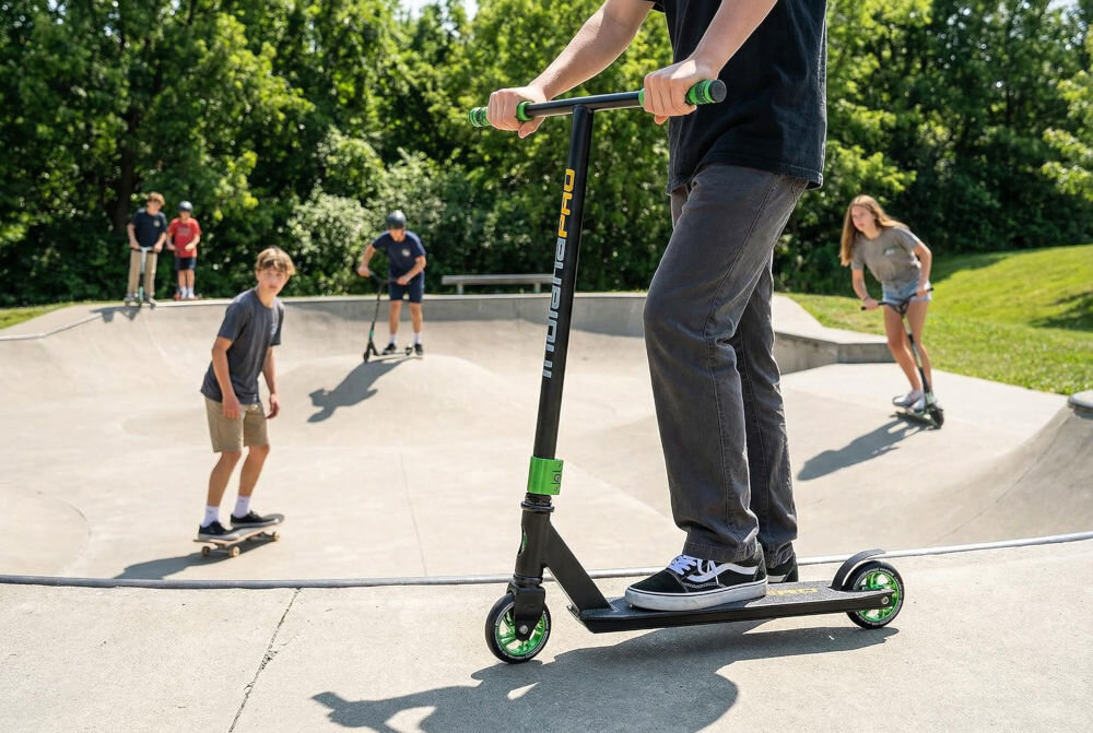 Osoba jeździ na czarno-zielonej hulajnodze wyczynowej INDIANA X300 w skateparku. W tle widać kilka osób na deskorolkach i hulajnogach oraz drzewa.