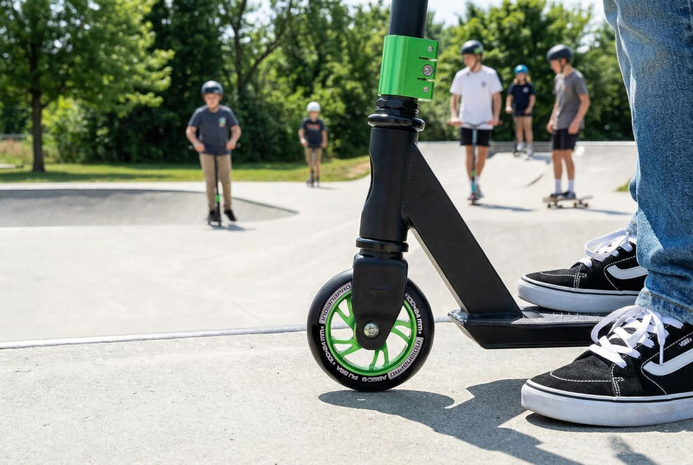 Osoba stoi na czarno-zielonej hulajnodze wyczynowej na skateparku. W tle widać kilka osób na deskorolkach i hulajnogach.