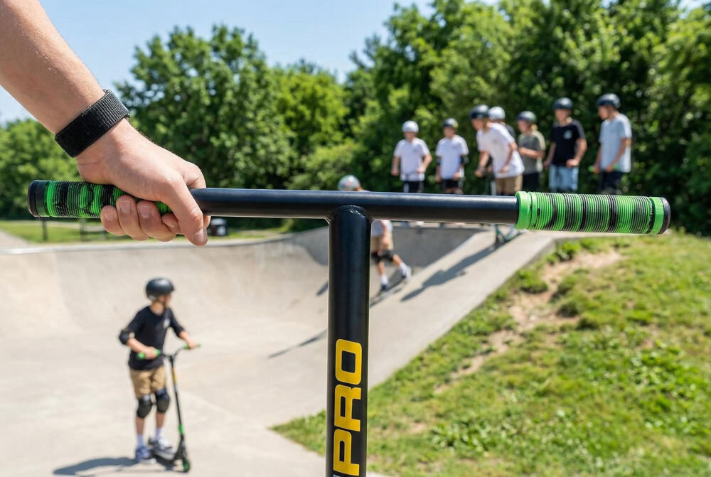 Osoba trzyma kierownicę hulajnogi z zielonymi uchwytami, na której widnieje napis \'PRO\'. W tle znajduje się skatepark z grupą dzieci na hulajnogach i w kaskach.