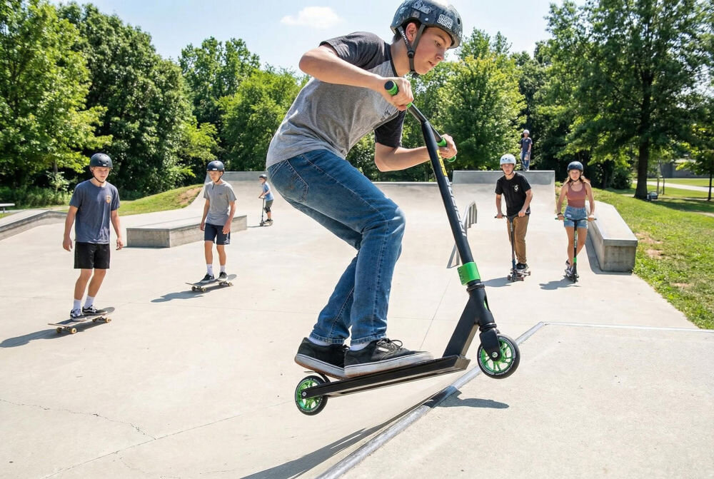 Osoba na hulajnodze wyczynowej wykonuje skok na rampie w skateparku. W tle widać kilka osób na deskorolkach i hulajnogach oraz drzewa.