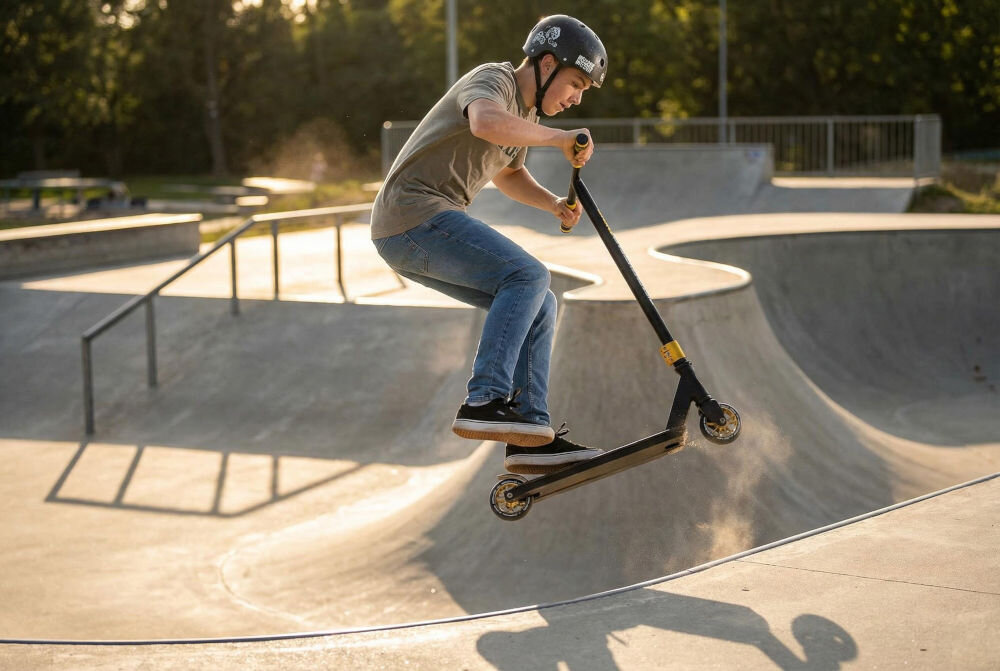 Osoba wykonuje skok na hulajnodze wyczynowej w skateparku. Hulajnoga jest czarno-zielona, a w tle widać rampy i poręcze.