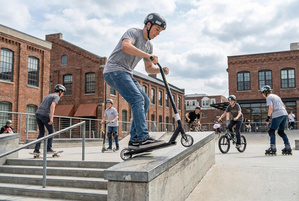 Osoba na hulajnodze wyczynowej wykonuje trik na rampie w skateparku. W tle widać innych uczestników na rowerach i deskorolkach oraz ceglane budynki.