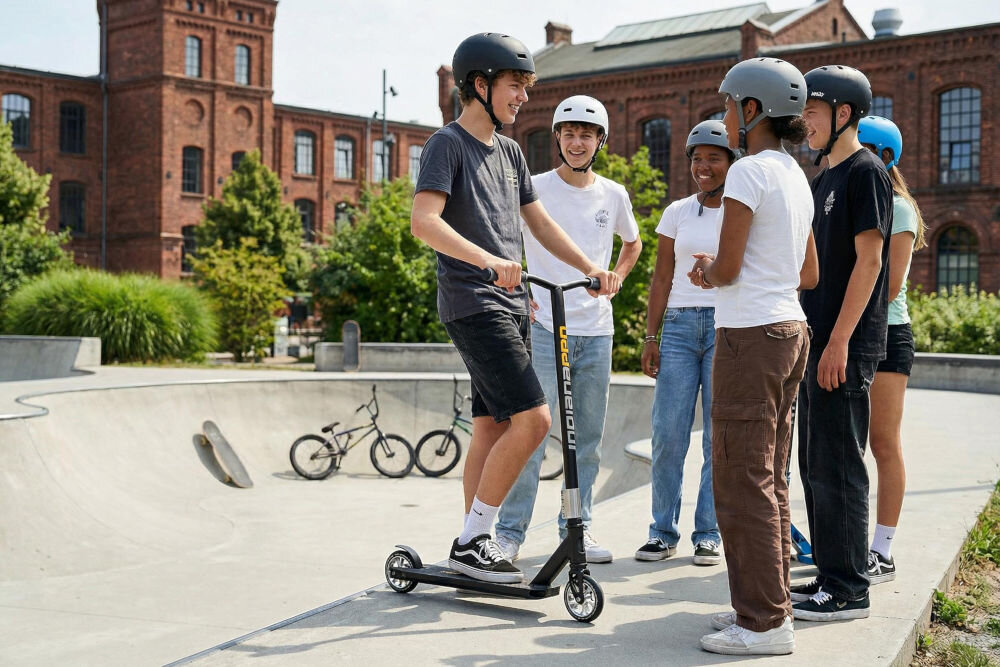 Grupa młodych osób w kaskach stoi na skateparku, jedna z nich trzyma hulajnogę wyczynową z napisem \'INDIANA\'. W tle widoczne są rowery i ceglane budynki.