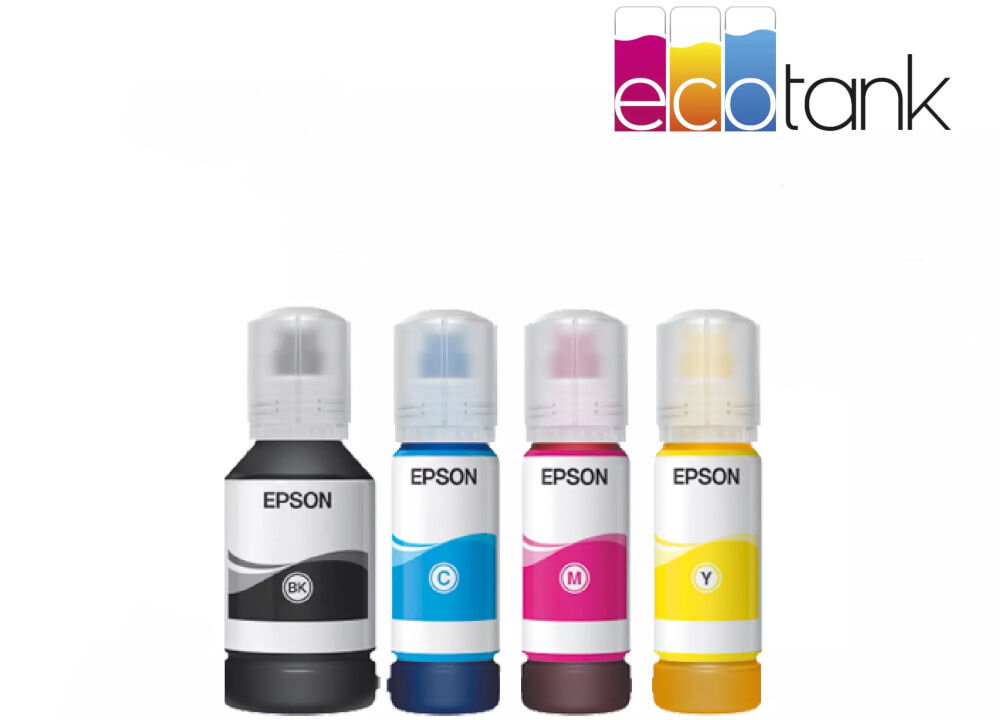 Na obrazie widoczne są cztery butelki z tuszem marki Epson w kolorach czarnym, niebieskim, różowym i żółtym. W prawym górnym rogu znajduje się logo \'ecotank\'.
