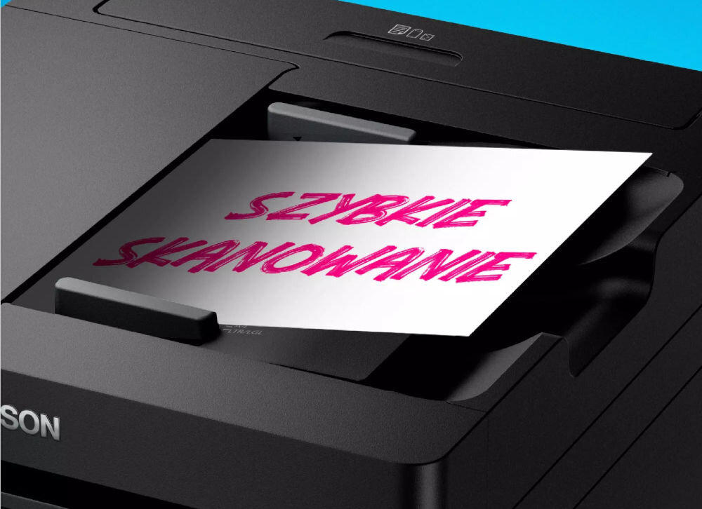 Na obrazie widoczne jest urządzenie wielofunkcyjne z kartką papieru z napisem \'SZYBKIE SKANOWANIE\'. Na urządzeniu znajduje się logo \'EPSON\'.