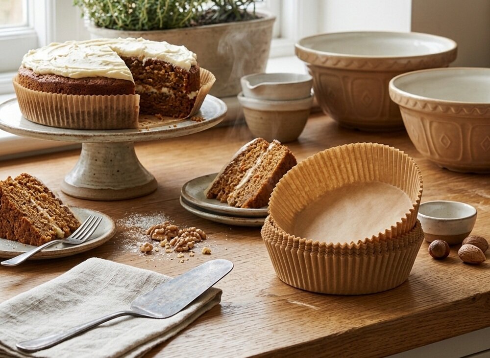 Na drewnianym stole znajduje się ciasto na paterze, kilka kawałków ciasta na talerzach oraz stos papierowych foremek do pieczenia. W tle widoczne są ceramiczne miski i rośliny doniczkowe.