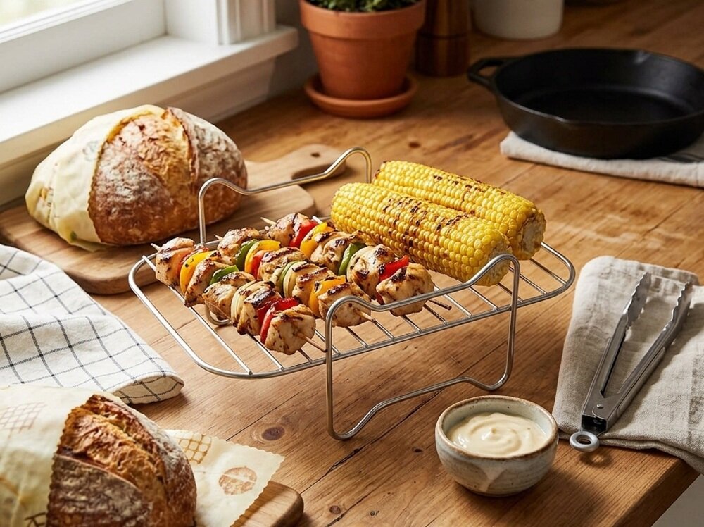 Na drewnianym blacie kuchennym znajduje się metalowy ruszt do grillowania z szaszłykami i kolbami kukurydzy. Obok leży chleb, szczypce oraz miseczka z sosem.