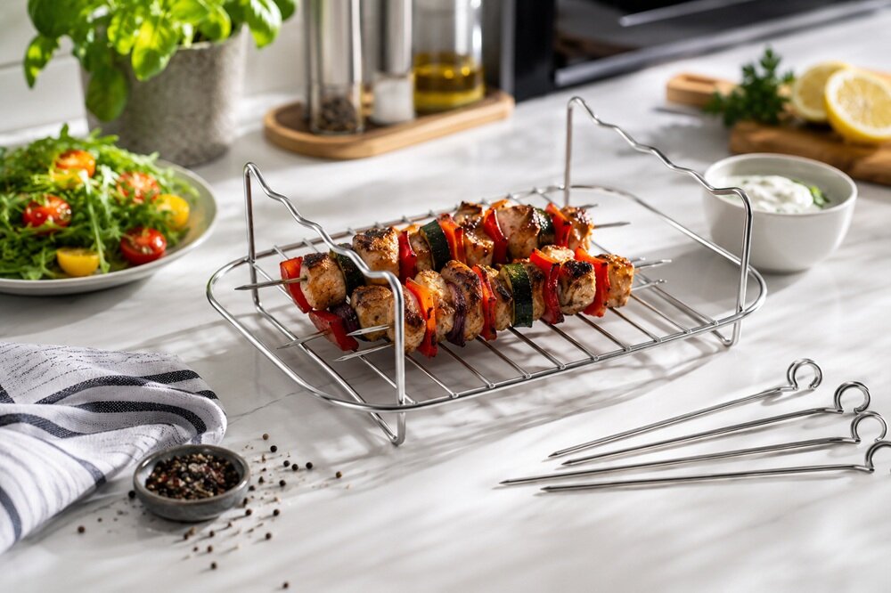 Na blacie kuchennym znajduje się metalowy ruszt do grillowania z szaszłykami z mięsa i warzyw. Obok leżą cztery metalowe szpikulce, a w tle widać sałatkę, przyprawy i sos.