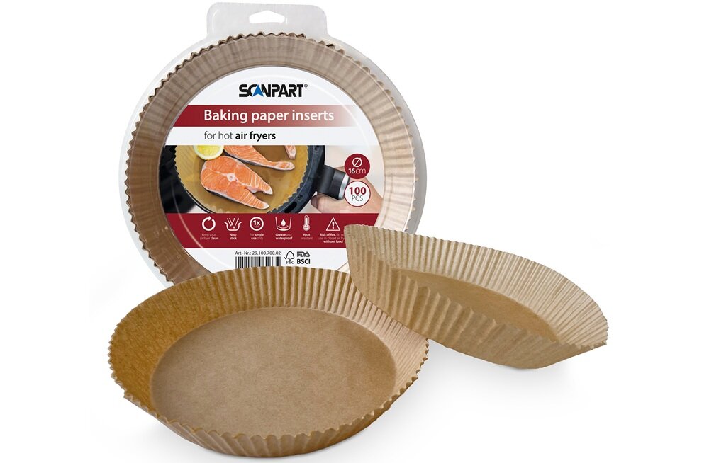 Opakowanie papierowych wkładek do frytkownic powietrznych marki SCANPART, z widocznym logo i napisem \'Baking paper inserts for hot air fryers\'. Na opakowaniu znajduje się informacja \'16 cm, 100 PCS\'.