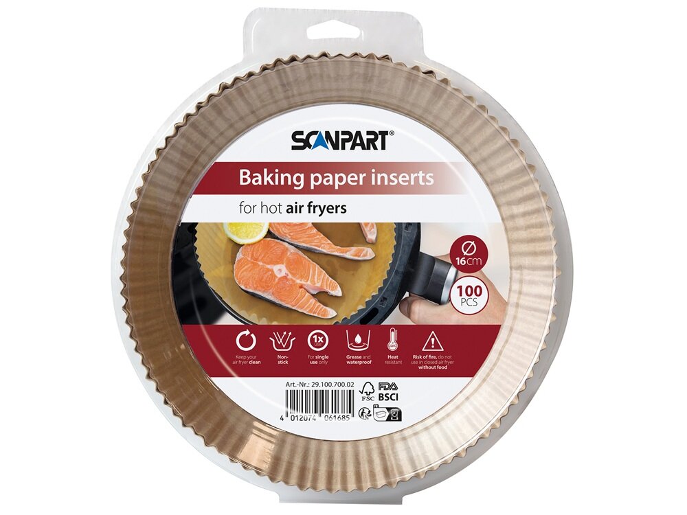 Opakowanie papieru do pieczenia SCANPART o średnicy 16 cm, przeznaczonego do frytkownic powietrznych, zawiera 100 sztuk. Na opakowaniu widoczny jest obrazek z kawałkami łososia oraz różne ikony i oznaczenia dotyczące produktu.