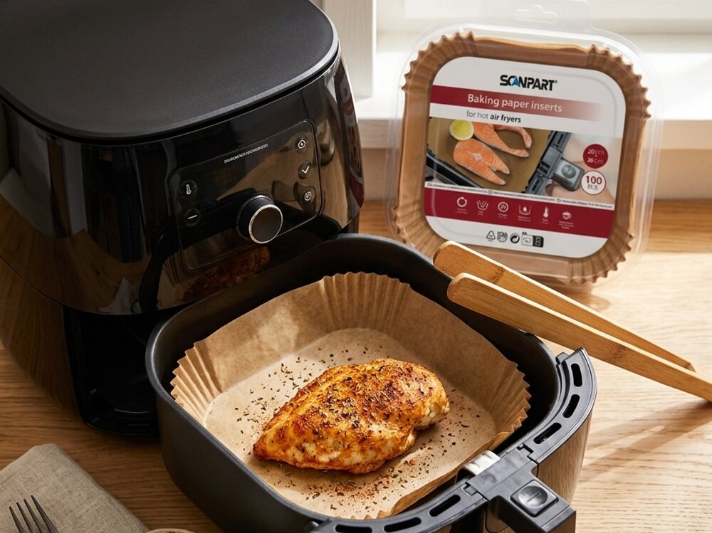 Na obrazie widoczny jest czarny air fryer z otwartą szufladą, w której znajduje się kawałek przyprawionego mięsa na papierze do pieczenia. Obok urządzenia stoi opakowanie z napisem \'SCANPART Baking paper inserts for hot air fryers\'.