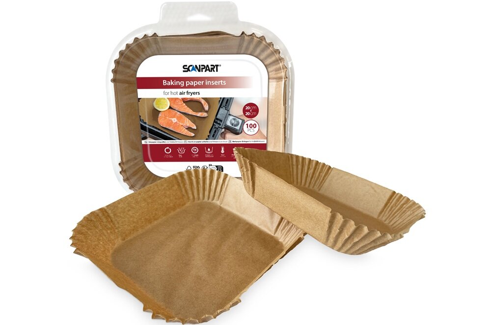 Opakowanie papieru do pieczenia SCANPART do frytkownic powietrznych, zawierające 100 sztuk o wymiarach 20 x 20 cm. Widoczne są również dwa brązowe arkusze papieru w kształcie kwadratu z falistymi brzegami.