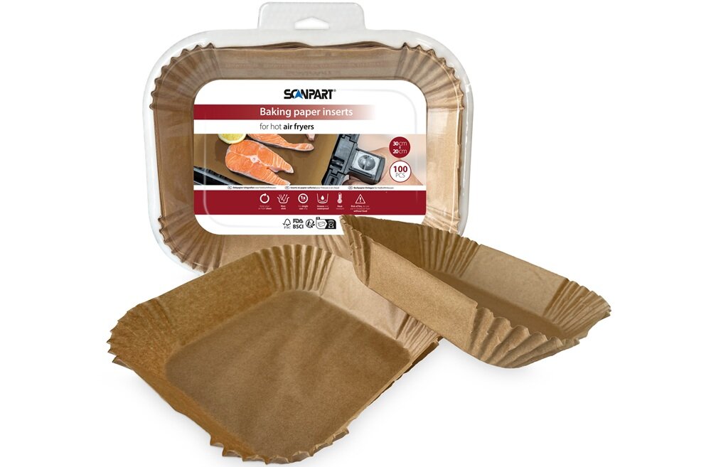 Opakowanie papieru do pieczenia SCANPART do frytkownic powietrznych, zawierające 100 sztuk, z widocznymi dwoma papierowymi wkładkami. Na etykiecie znajduje się tekst: \'Baking paper inserts for hot air fryers\'.