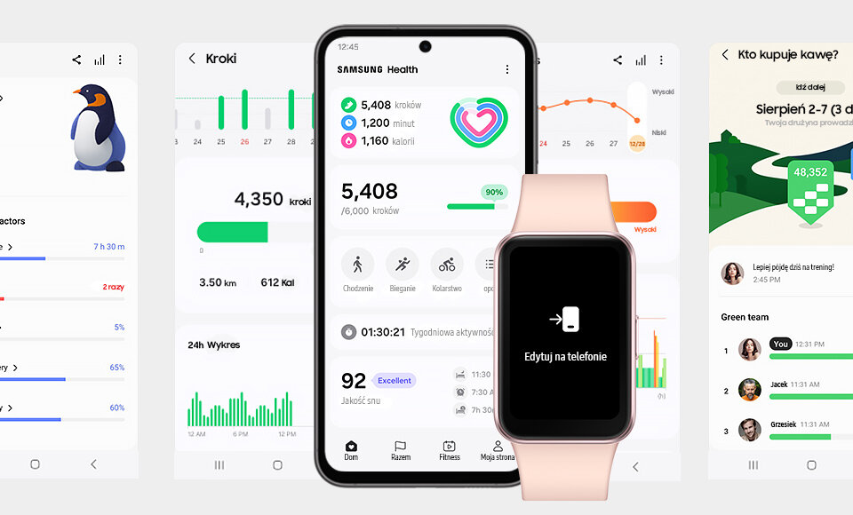 Na obrazie widoczne są ekrany aplikacji zdrowotnej z danymi dotyczącymi kroków, kalorii i aktywności fizycznej oraz różowo-złoty smartband z napisem \'Edytuj na telefonie\'. W tle znajdują się wykresy i ikony związane z aktywnością fizyczną.