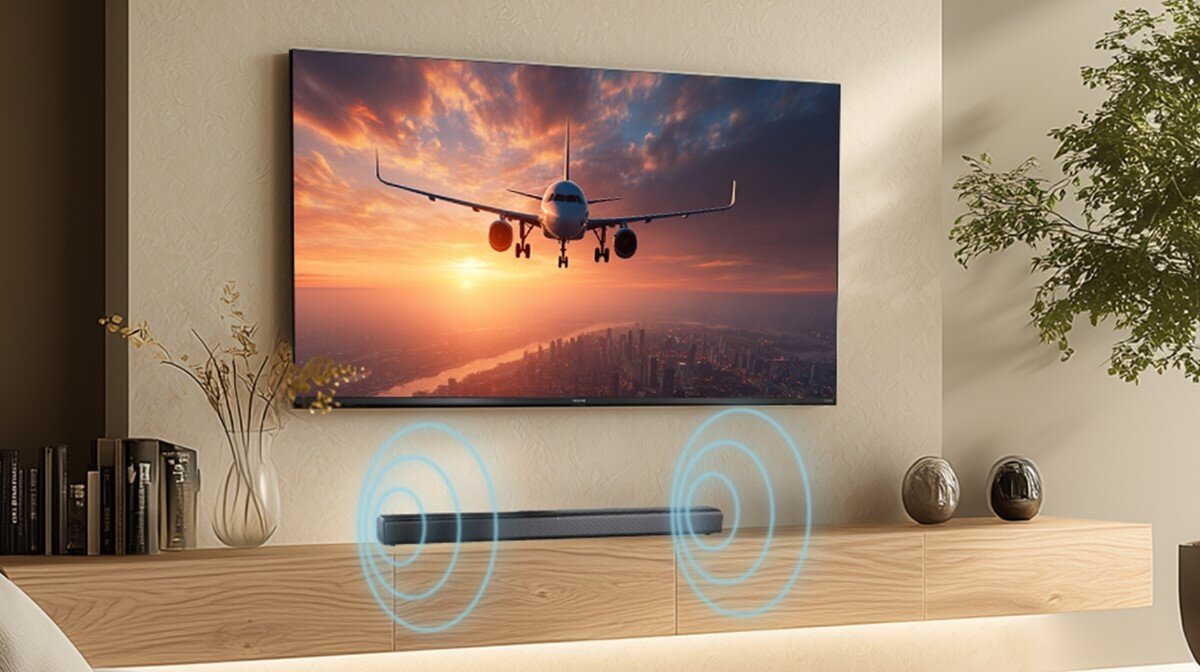 Na ścianie wisi telewizor wyświetlający obraz samolotu lecącego na tle zachodzącego słońca. Pod telewizorem znajduje się czarny soundbar, a wokół niego widoczne są graficzne fale dźwiękowe.