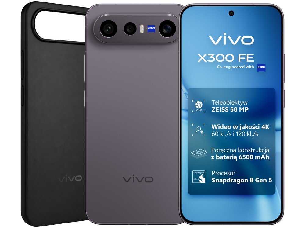 Obraz przedstawia smartfon z logo \'vivo\' na tylnej obudowie oraz ekran z informacjami: \'vivo X300 FE\', \'Teleobiektyw ZEISS 50 MP\', \'Wideo w jakości 4K 60 kl./s i 120 kl./s\', \'Poręczna konstrukcja z baterią 6500 mAh\', \'Procesor Snapdragon 8 Gen 5\'.