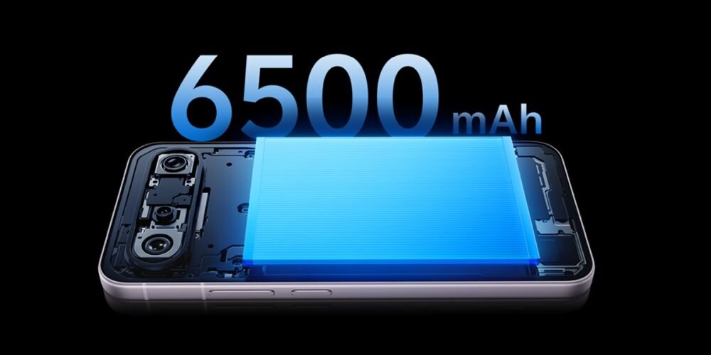Obraz przedstawia smartfon z widocznym wnętrzem, w tym baterią oznaczoną jako 6500 mAh. Na czarnym tle widoczny jest niebieski element symbolizujący baterię.