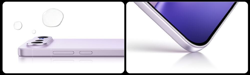 Obraz przedstawia dwa zbliżenia na smartfon w kolorze fioletowym. Po lewej stronie widoczne są przyciski boczne i aparat, a po prawej zaokrąglony róg ekranu.