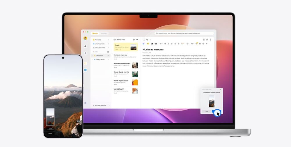 Na obrazie widoczny jest laptop z otwartym edytorem tekstu oraz smartfon z wyświetlonym zdjęciem krajobrazu. Oba urządzenia mają nowoczesny design i są umieszczone na jasnym tle.