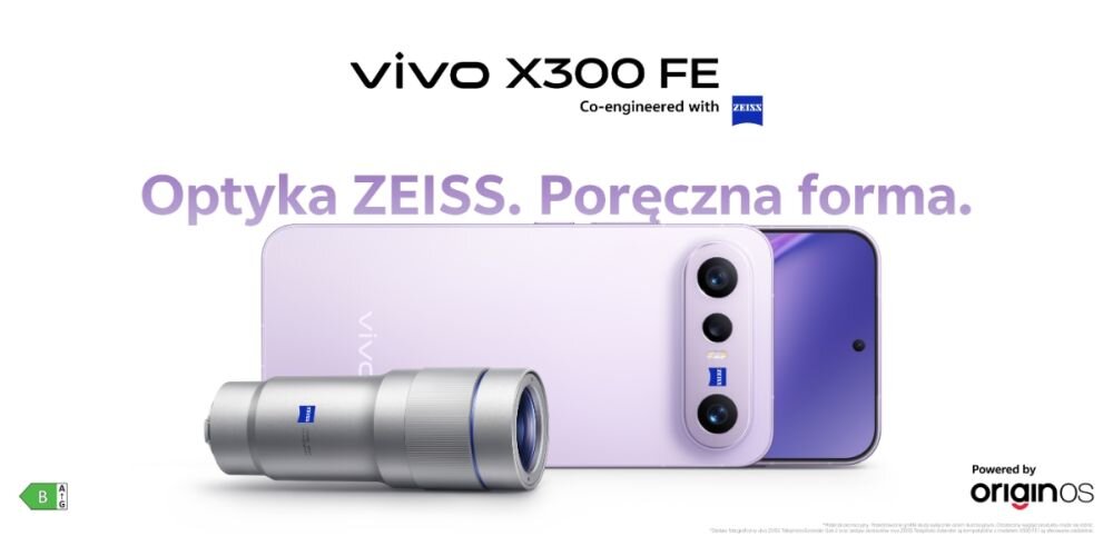 Na obrazie widoczny jest fioletowy smartfon z trzema aparatami oraz obiektyw z logo ZEISS. Tekst na obrazie: \'vivo X300 FE Co-engineered with ZEISS\', \'Optyka ZEISS. Poręczna forma.\', \'Powered by originOS\'.