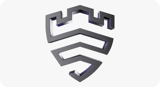 Logo w kształcie stylizowanej tarczy z trzema zębami na górze, wykonane z ciemnego metalu z fioletowym cieniem.