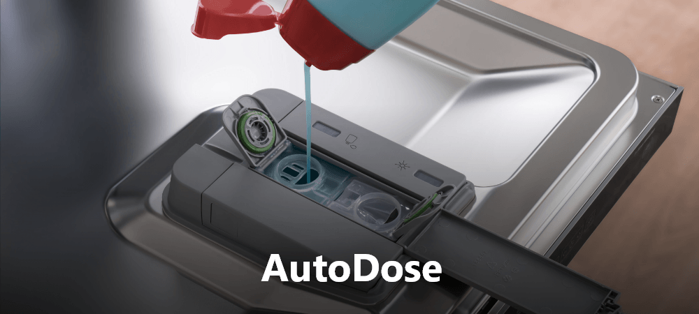 ZMYWARKA BEKO MEDIN4S57A Zbliżenie na system AutoDose podczas automatycznego dozowania detergentu do zmywarki. Funkcja dobiera odpowiednią ilość środka myjącego AutoDose automatyczne dozowanie detergentu oszczędność środka skuteczne zmywanie inteligentne dozowanie