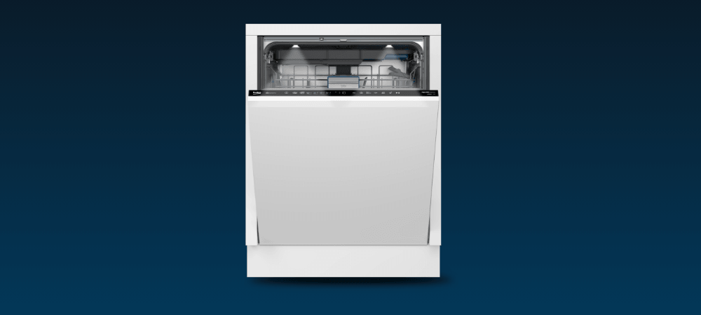 ZMYWARKA BEKO MEDIN4S57A Zmywarka Beko do zabudowy na jednolitym tle. Prezentacja wyglądu urządzenia czujnik zabrudzenia oświetlenie wnętrza stal nierdzewna TrayWash PowerIntense higiena zmywania