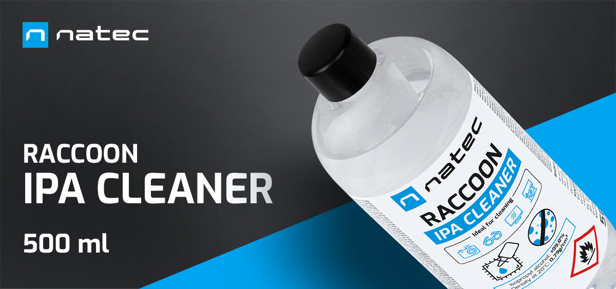 Obraz przedstawia butelkę z etykietą \'natec RACCOON IPA CLEANER 500 ml\' oraz logo natec. Na etykiecie znajdują się piktogramy i ostrzeżenie o łatwopalności.