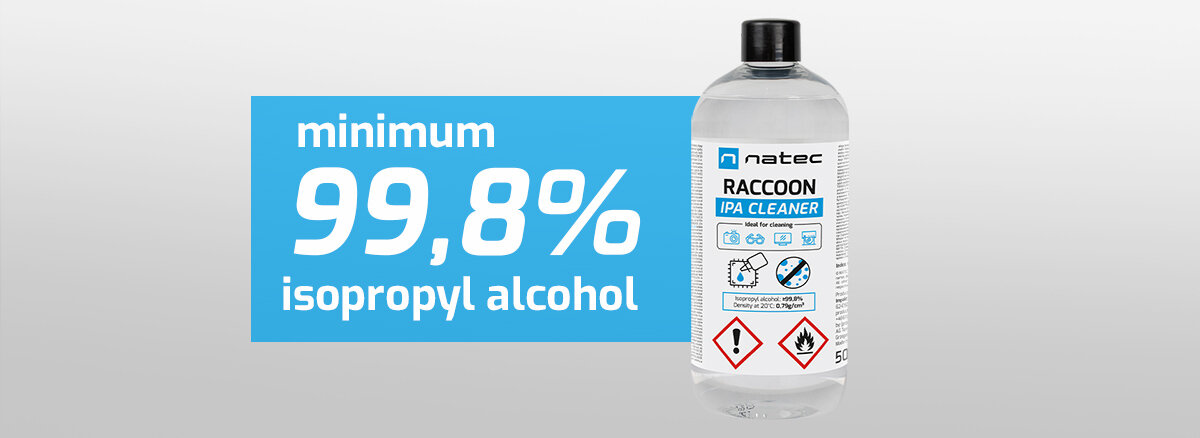 Obraz przedstawia butelkę z etykietą \'natec Raccoon IPA Cleaner\' oraz napis \'minimum 99,8% isopropyl alcohol\'.