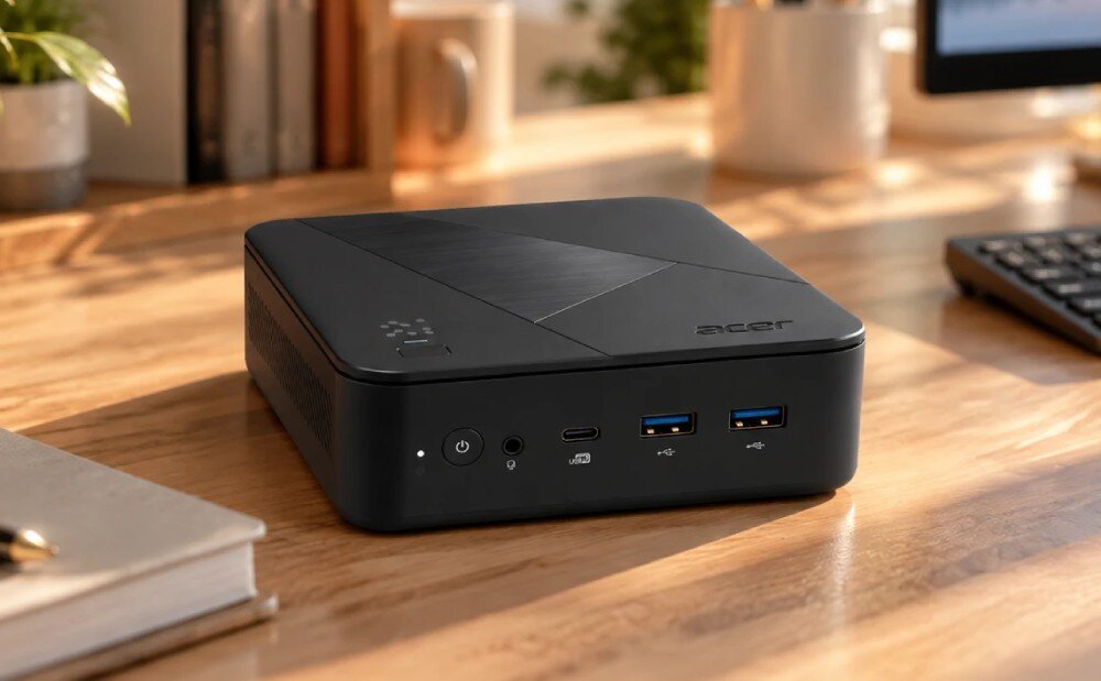 Komputer ACER Revo Box RB102-KRK Kompaktowy komputer stacjonarny leżący na drewnianym biurku w oświetlonym pomieszczeniu