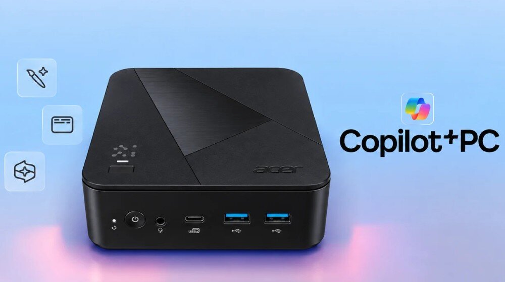Komputer ACER Revo Box RB102-KRK Kompaktowy komputer stacjonarny umieszczony centralnie na jasnym tle z ikonicznym napisem 'Copilot+PC' i ikonami funkcji