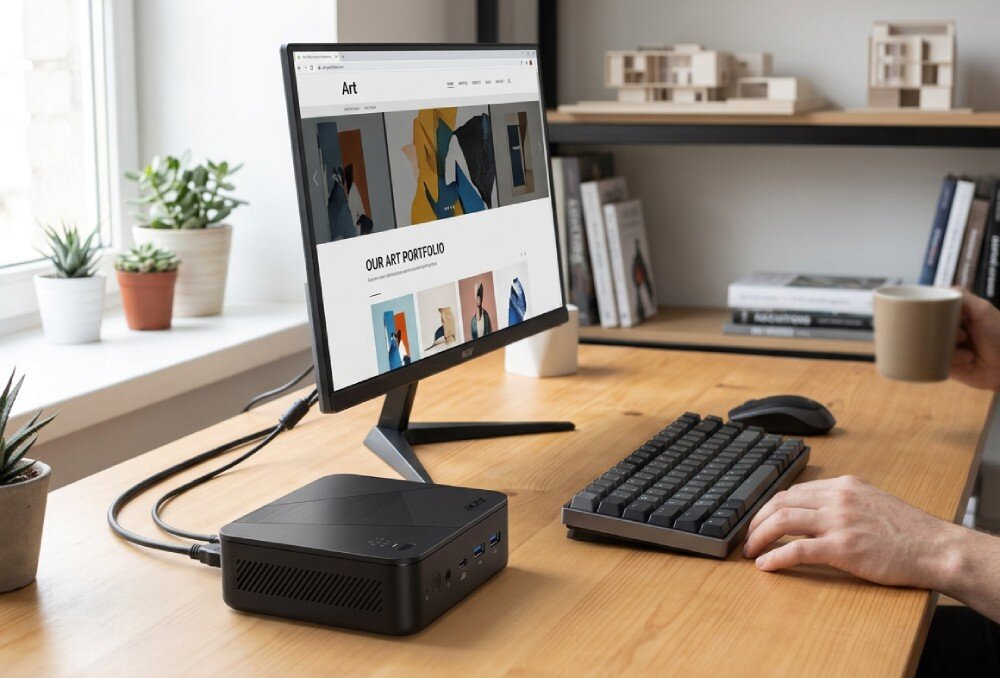 Komputer ACER Revo Box RB102-KRK Kompaktowy komputer stacjonarny podłączony do monitora na drewnianym biurku z klawiaturą, myszką i dłonią użytkownika