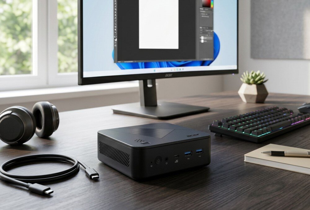 Komputer ACER Revo Box RB102-KRK Kompaktowy komputer stacjonarny ustawiony na ciemnym biurku obok słuchawek, zwiniętego kabla, klawiatury i monitora